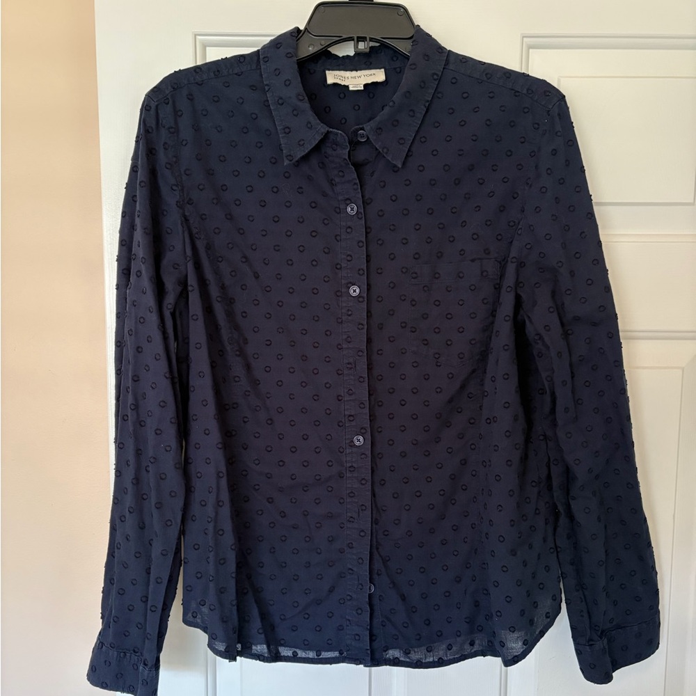 Navy blue Jones New York long sleeve shirt with subtle pattern.